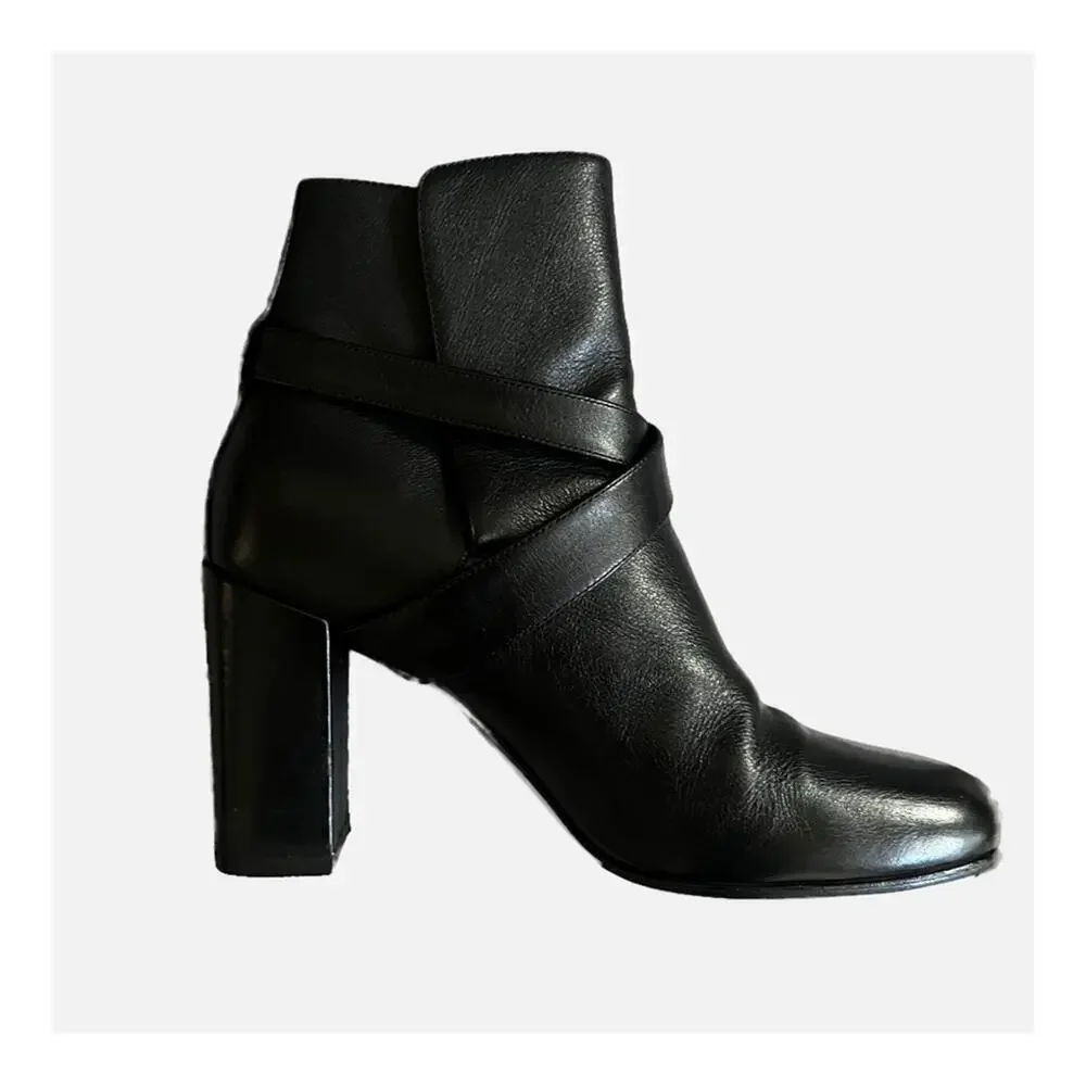 Saint Laurent Babies 90 Leather Cross Strap Ankle Boots Booties Black 38/ 8 - Picture 4 of 10